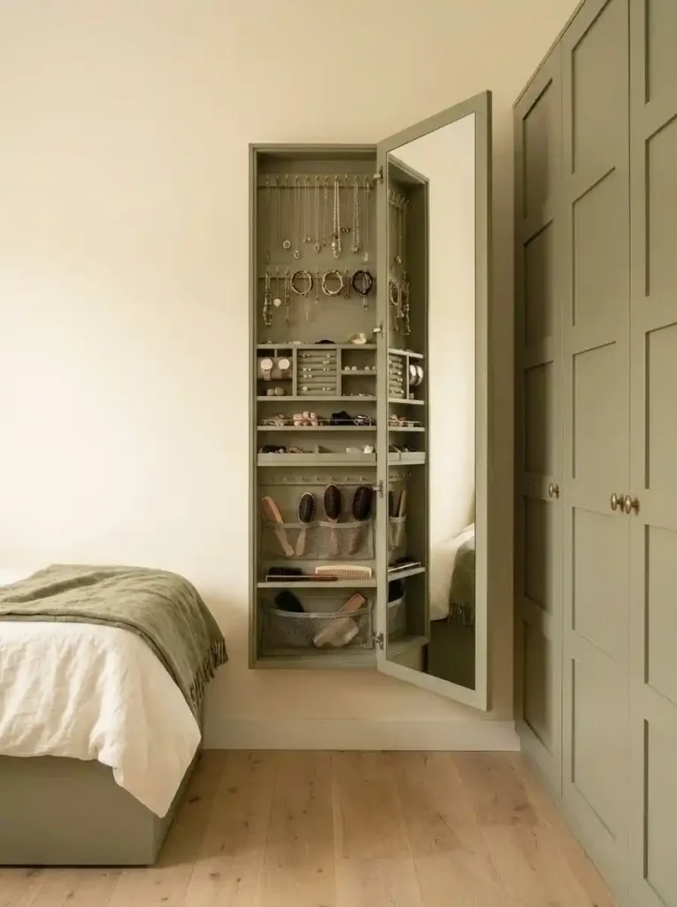 Full-length mirror opening to reveal shallow hidden jewelry and accessory storage in a mobile home bedroom.