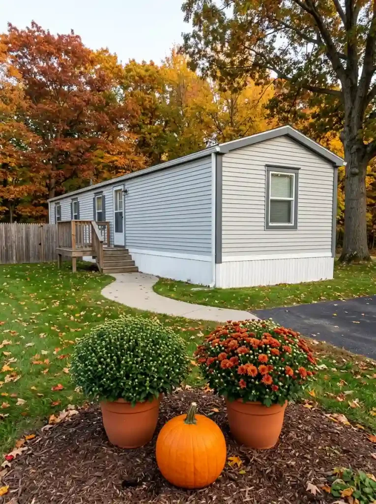 Two bronze mum pots show unopened buds and partly open flowers beside a pumpkin in a mobile home front bed.