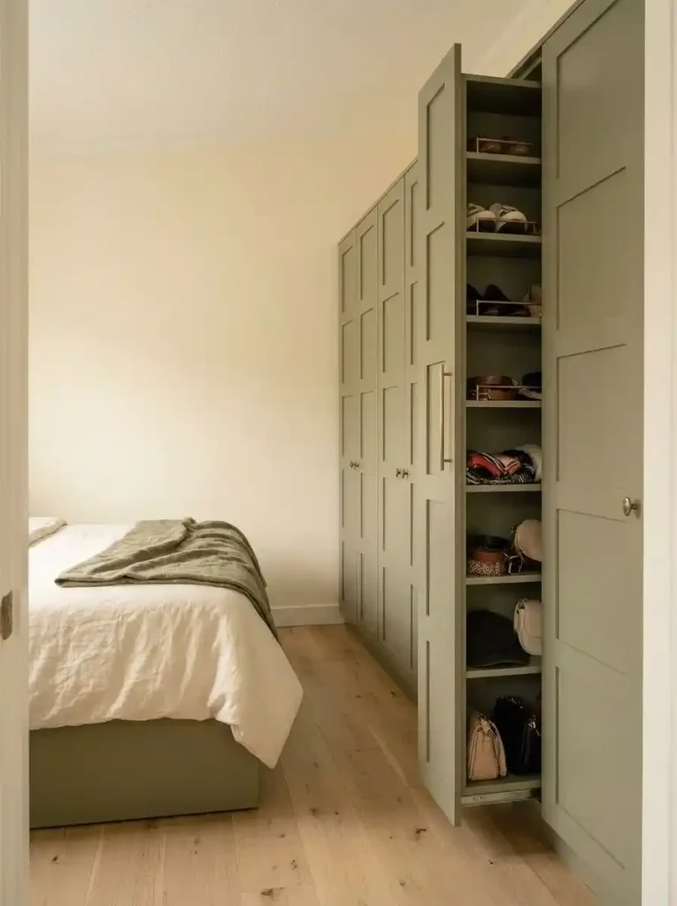 Narrow full-height closet pullout storing shoes and accessories beside a mobile home bedroom closet.