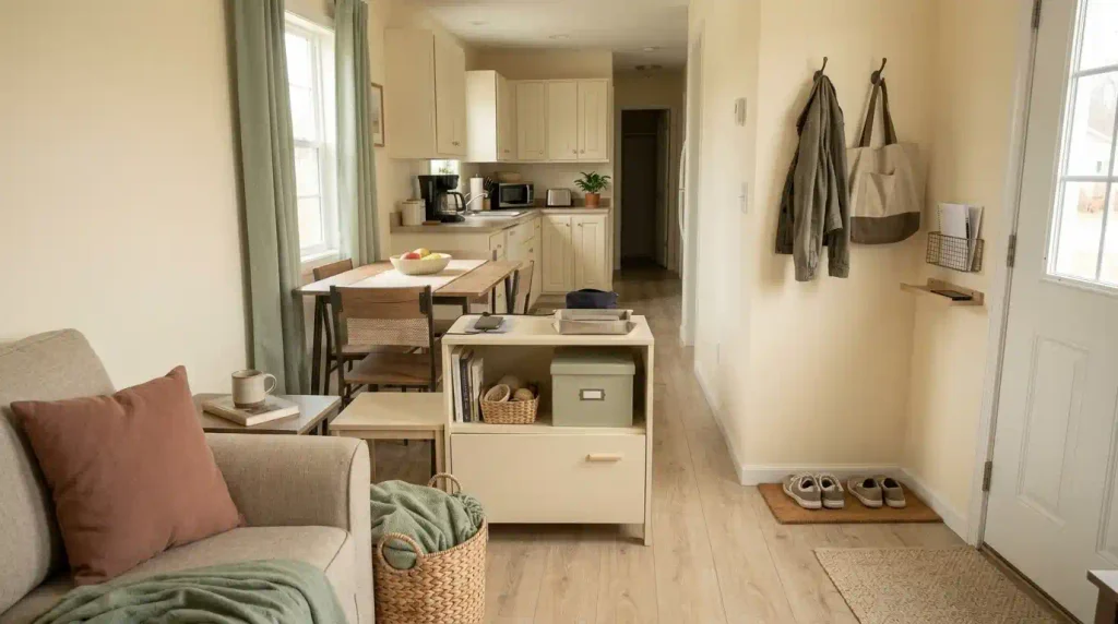 Organized single-wide mobile home with clear entry, living room, kitchen work surfaces, and defined everyday storage zones.