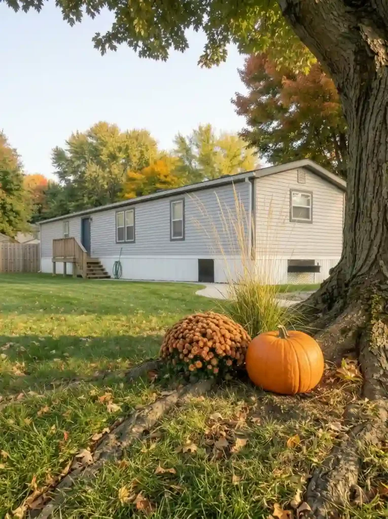 Bronze mum and orange pumpkin in front of ornamental grass, below the mobile home windows.