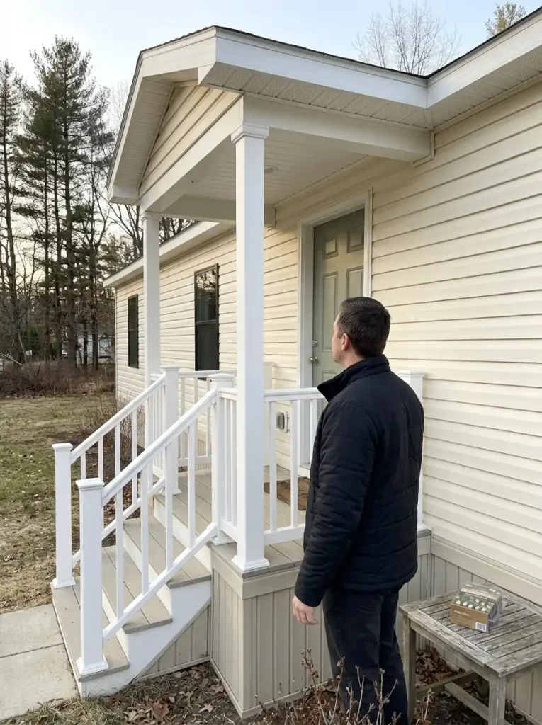 Homeowner inspecting an existing covered outdoor electrical outlet beside a manufactured-home front porch.