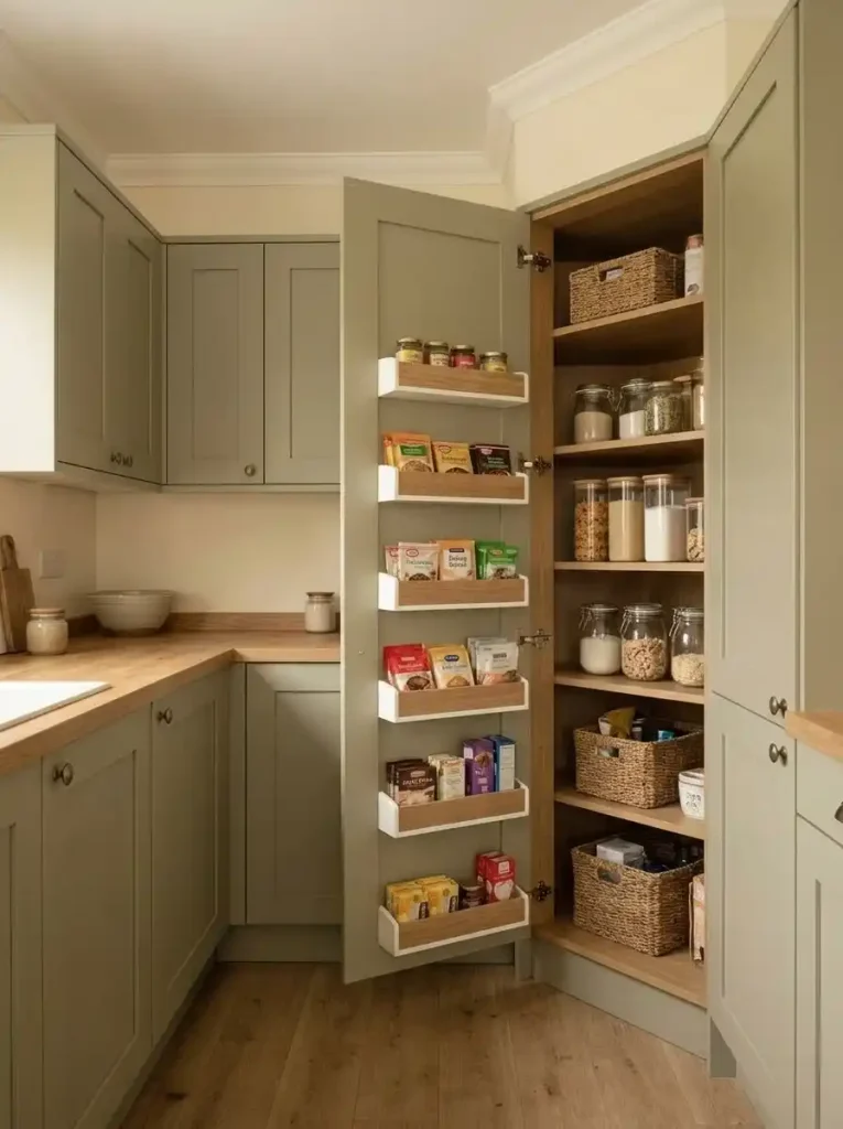Pantry door with shallow hidden bins for seasoning packets and small food packages in a compact mobile home kitchen.
