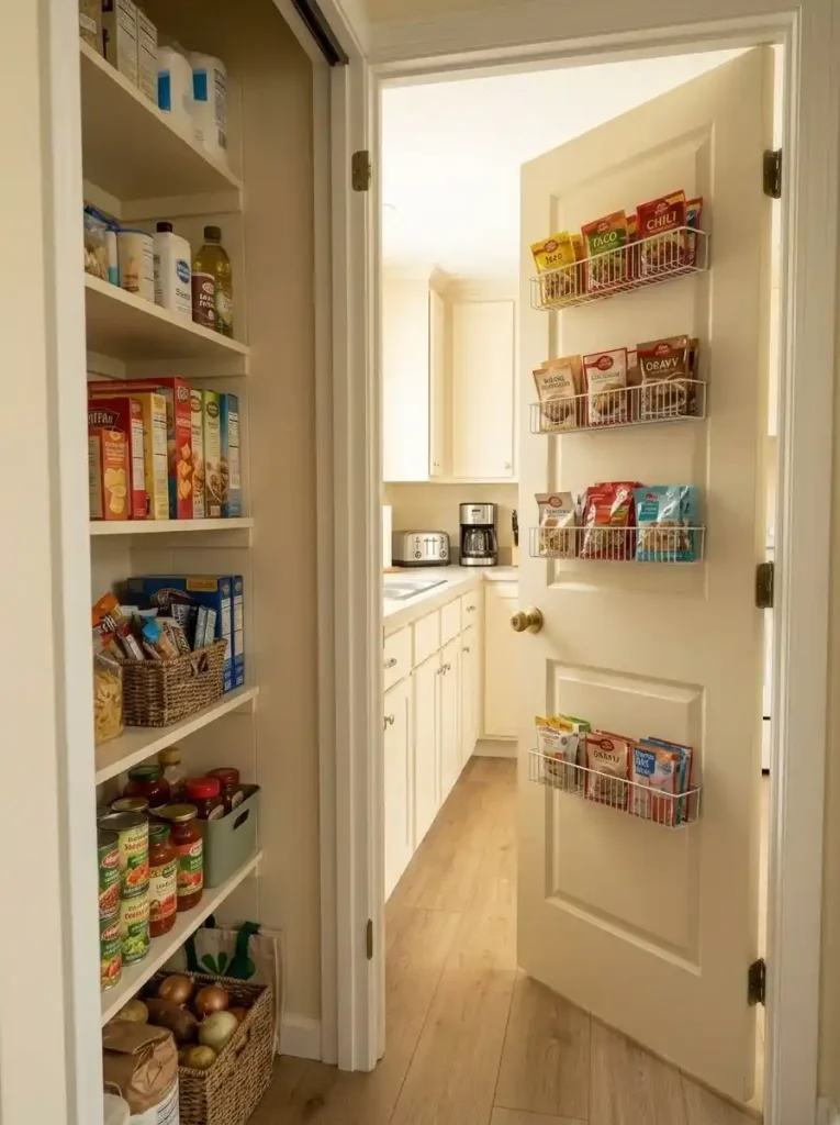 Open pantry door with shallow pockets for flat food packets while heavier pantry items remain on the main shelves.