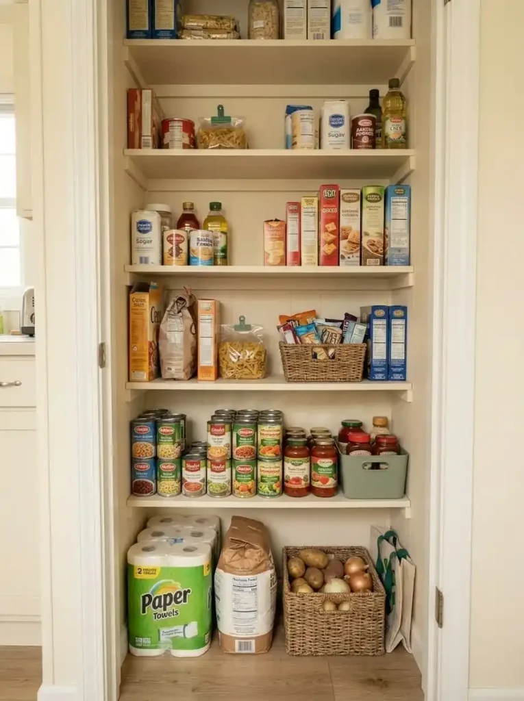 Compact mobile home pantry organized with active food, next-use packages, and grouped backup stock on separate shelf levels.