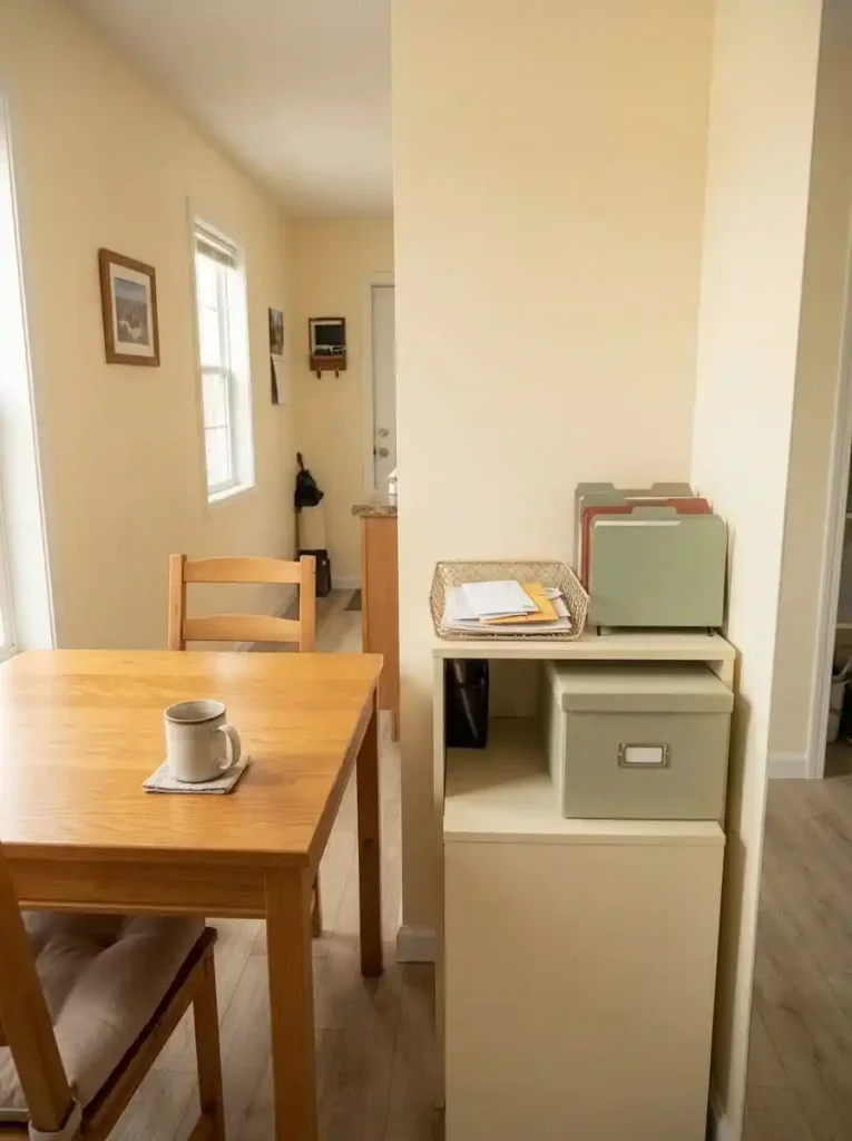 Mobile home dining area with a compact paperwork station for incoming documents, active papers, and archived files beside a clear table.