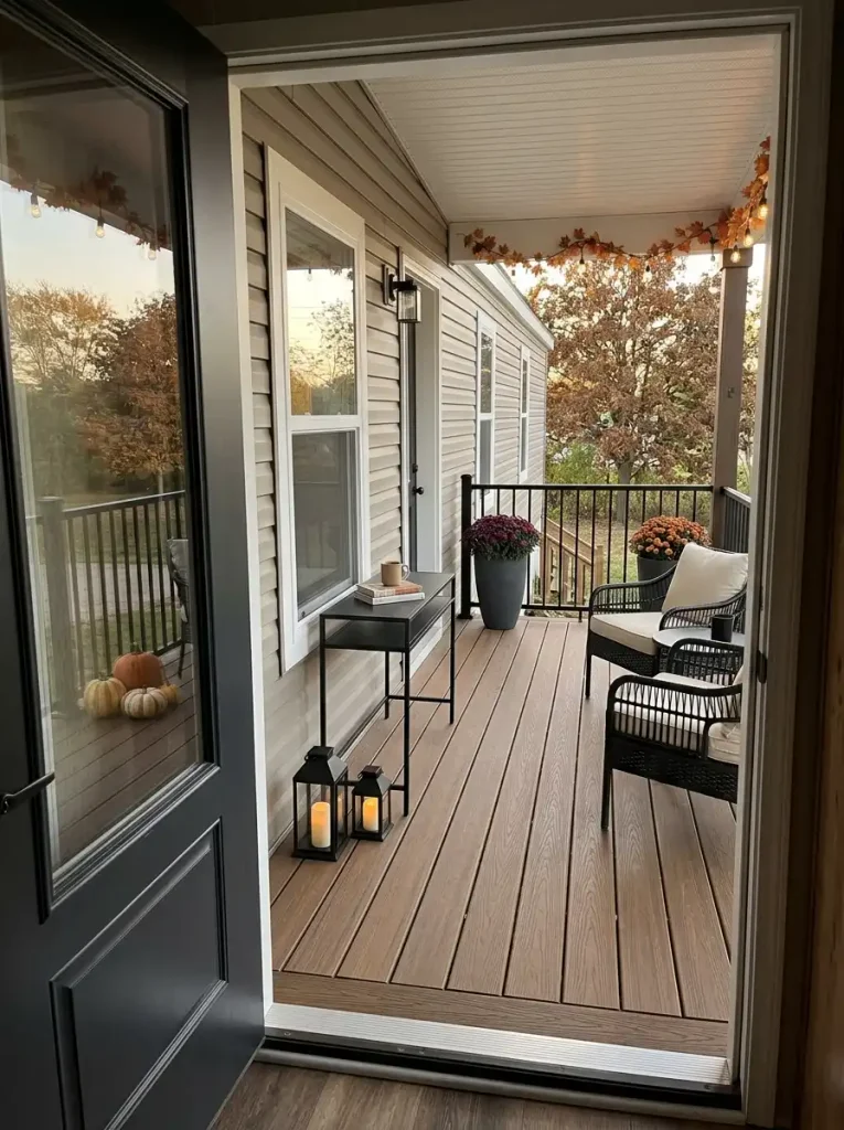 Small mobile home patio divided into seating, circulation, and perimeter decorating zones for Halloween.