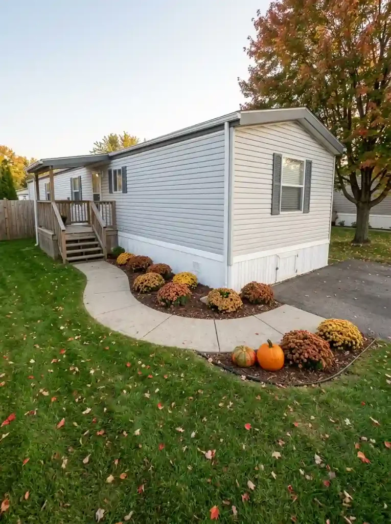 Established garden mums along a mobile home front border, with open service gaps and removable pumpkins.