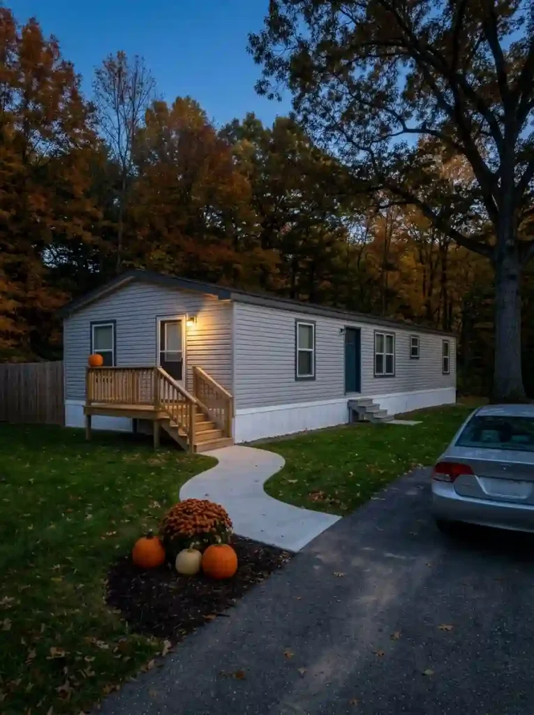 Porch light softly illuminates a pumpkin, potted mum, and walkway beside a mobile home at dusk.