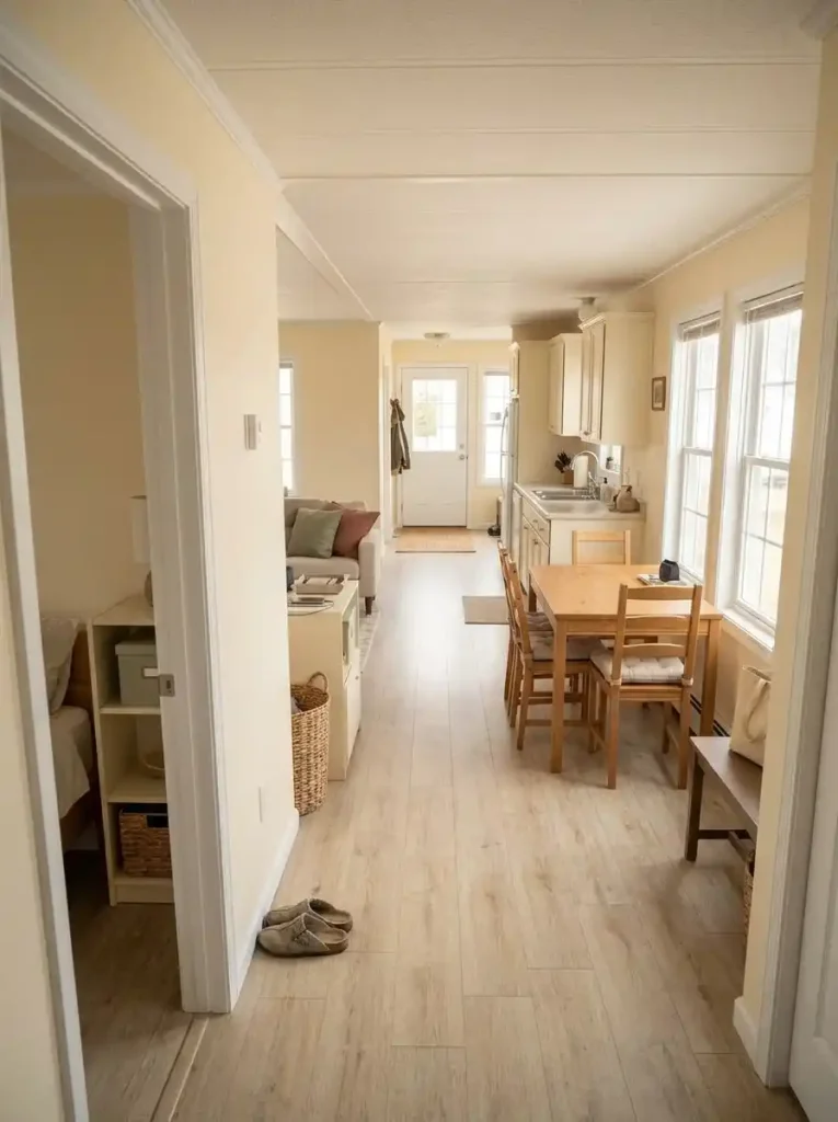 High-angle view down a single-wide mobile home's long axis showing a continuous reset route from bedroom area toward the entry.