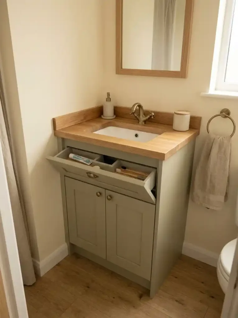Bathroom sink false front opening into a shallow hidden tray for small grooming items in a mobile home vanity.