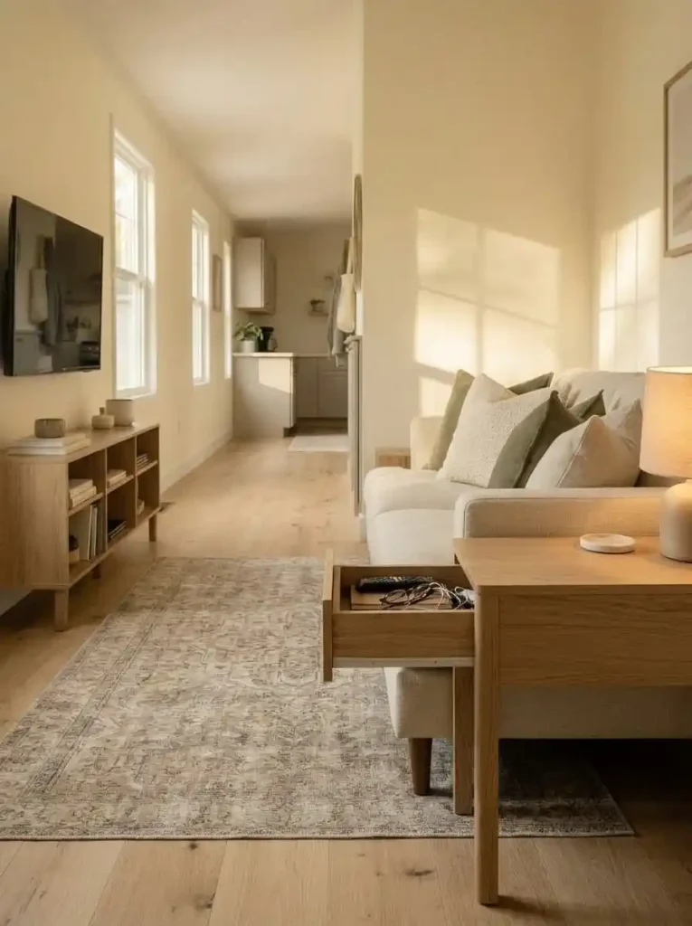 Slim sofa-side table with a hidden drawer for remotes, glasses and charging accessories in a compact mobile home living room.