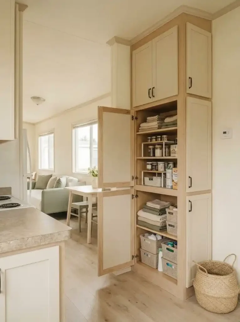 Open tall cabinet in a small mobile home divided with shelf risers and extra internal levels to use empty vertical space without adding furniture.