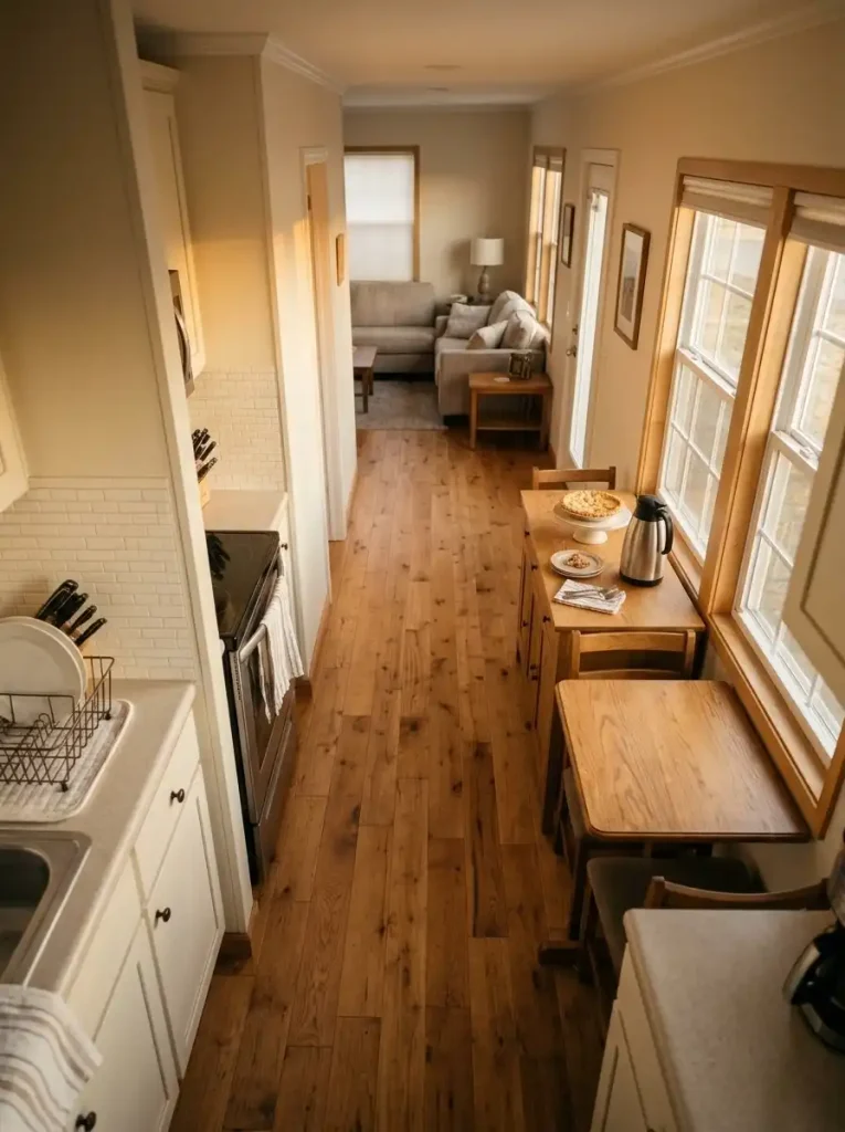 Compact Thanksgiving dessert sideboard positioned beside a dining nook with a clear walkway.