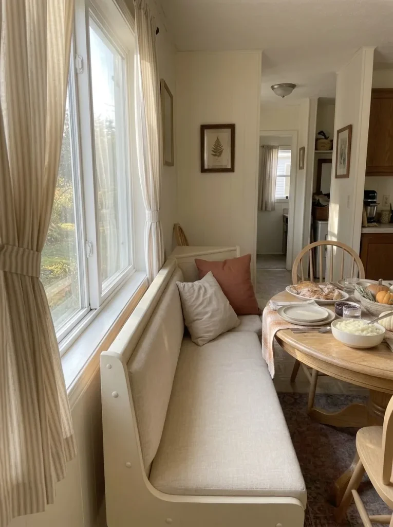 Large dining nook window with softly tied existing curtains beside a compact Thanksgiving table arrangement.