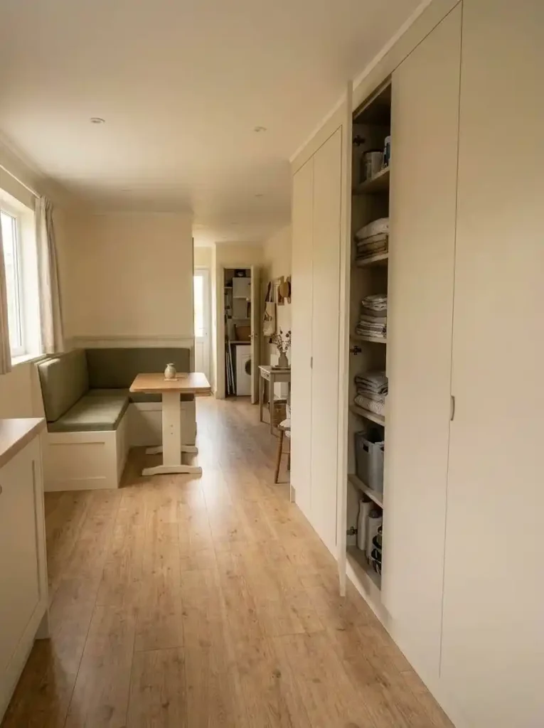 Tone-on-tone flat-front cabinets blending into the wall to reduce visible storage clutter in a mobile home.