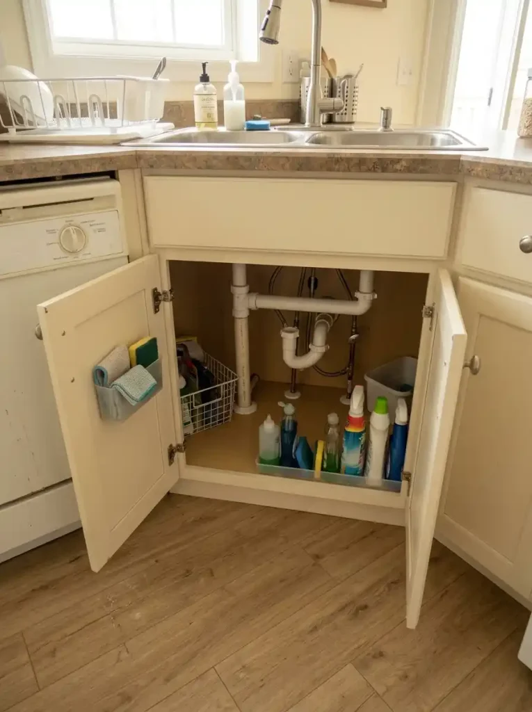 Open mobile home sink cabinet organized with compact bins and cleaning supplies fitted around visible existing plumbing.