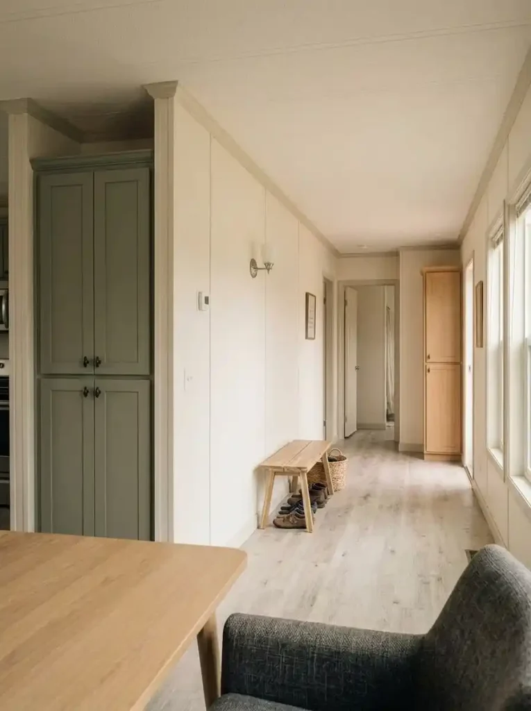 Connected mobile home living space with vertical storage zones separated by a large quiet wall section to prevent visual overcrowding at eye level.