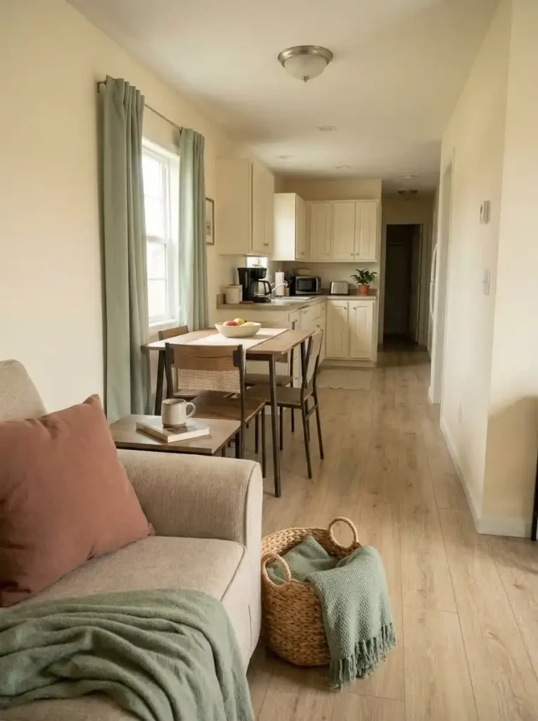 View from a mobile home living room toward the kitchen with visually noisy packaging, cords, and papers concealed from the main sightline.