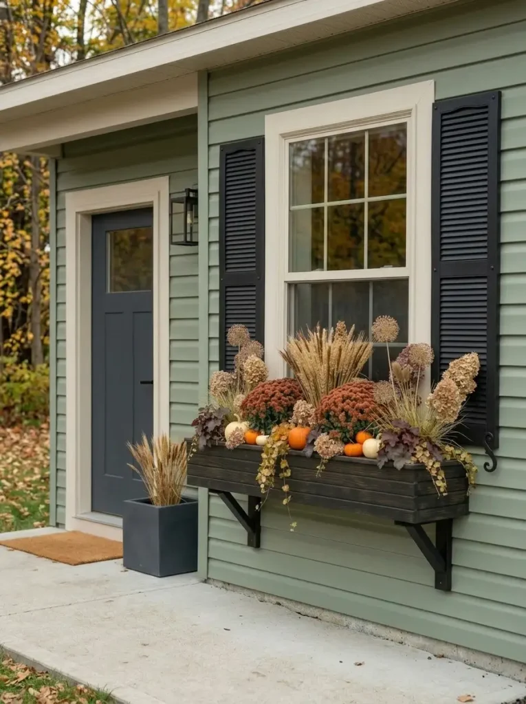 Charcoal fall window box coordinated with dark mobile-home shutters and trim accents, filled with mums, grasses and mini pumpkins.