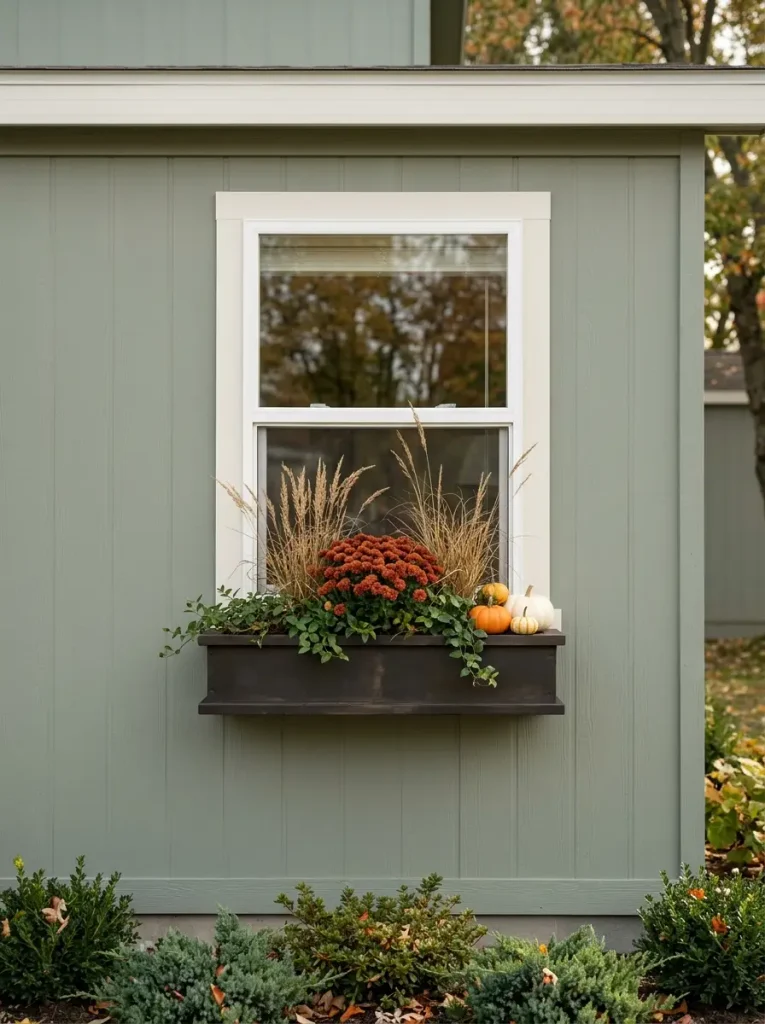 Properly scaled fall window box beneath a modest sage-green mobile-home window with mums, grasses, greenery and small pumpkins.