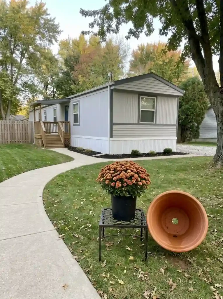 Mum in a nursery pot on an open stand beside an empty terracotta cachepot at a mobile home front bed.
