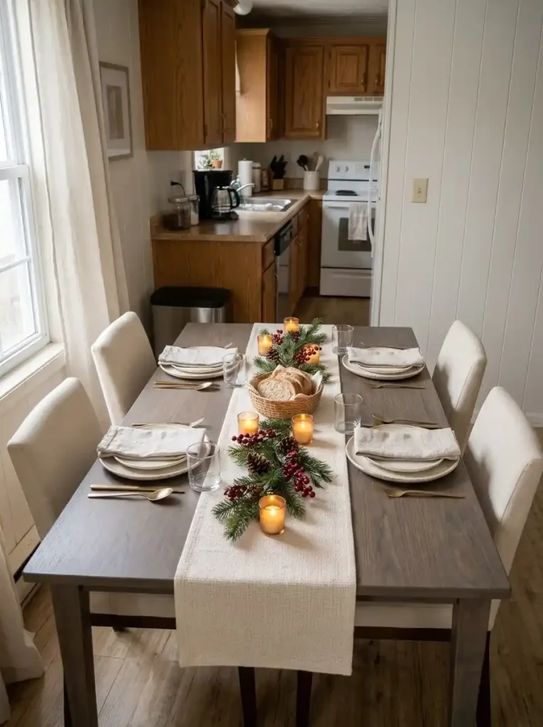 Narrow Christmas dining table with a low evergreen and red berry runner, flameless votives, and four ivory place settings.