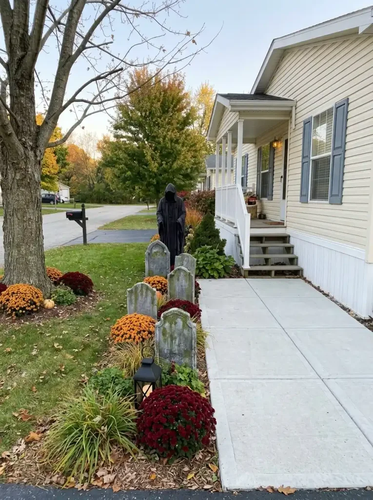Narrow Halloween graveyard arranged beside the clear walkway of a compact mobile home front yard.