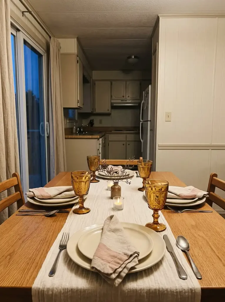 Narrow mobile home Thanksgiving table with ivory linen runner, amber drinking glasses and four cream place settings.