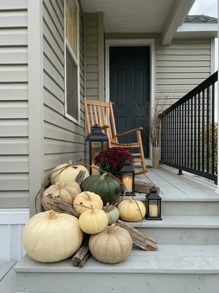 Cream, sage and beige pumpkins gain contrast from dark metal, burgundy mums and weathered wood on a mobile-home porch.