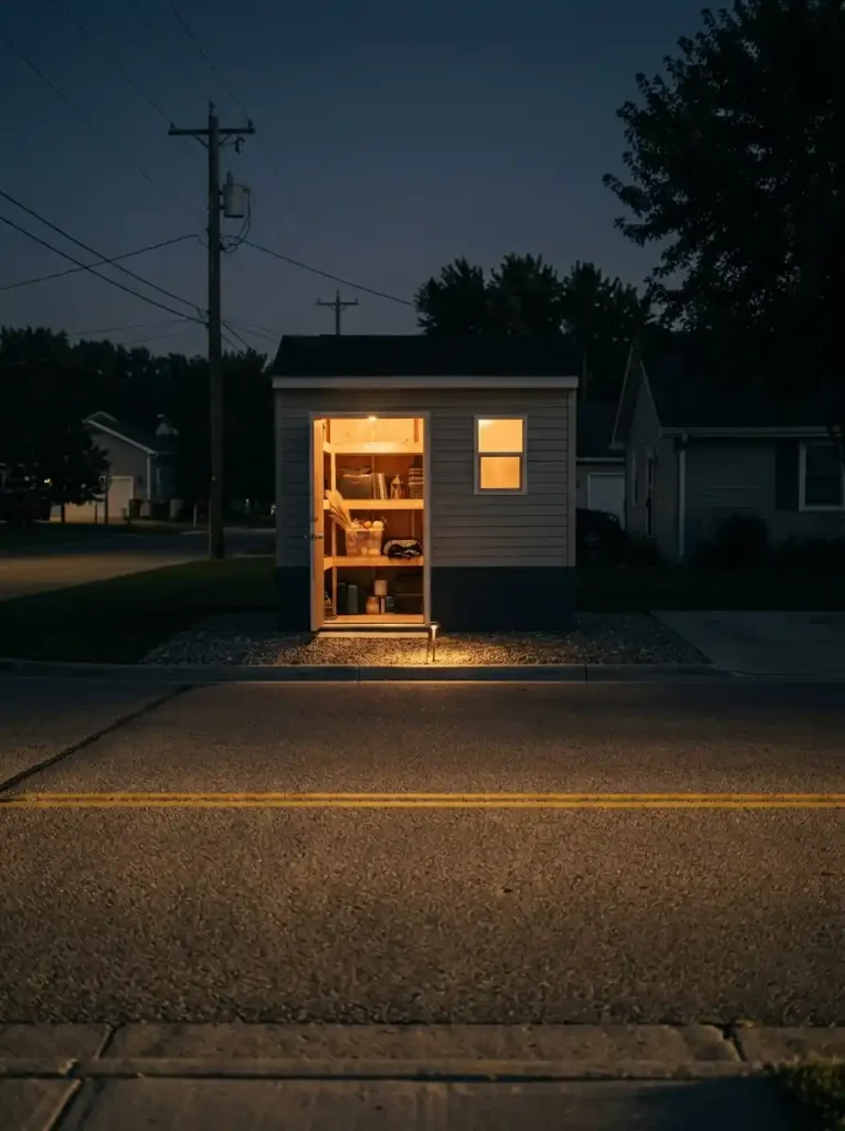 Nighttime curb view of a manufactured home showing a readable Halloween porch focal, glowing front window and clearly visible entry path.