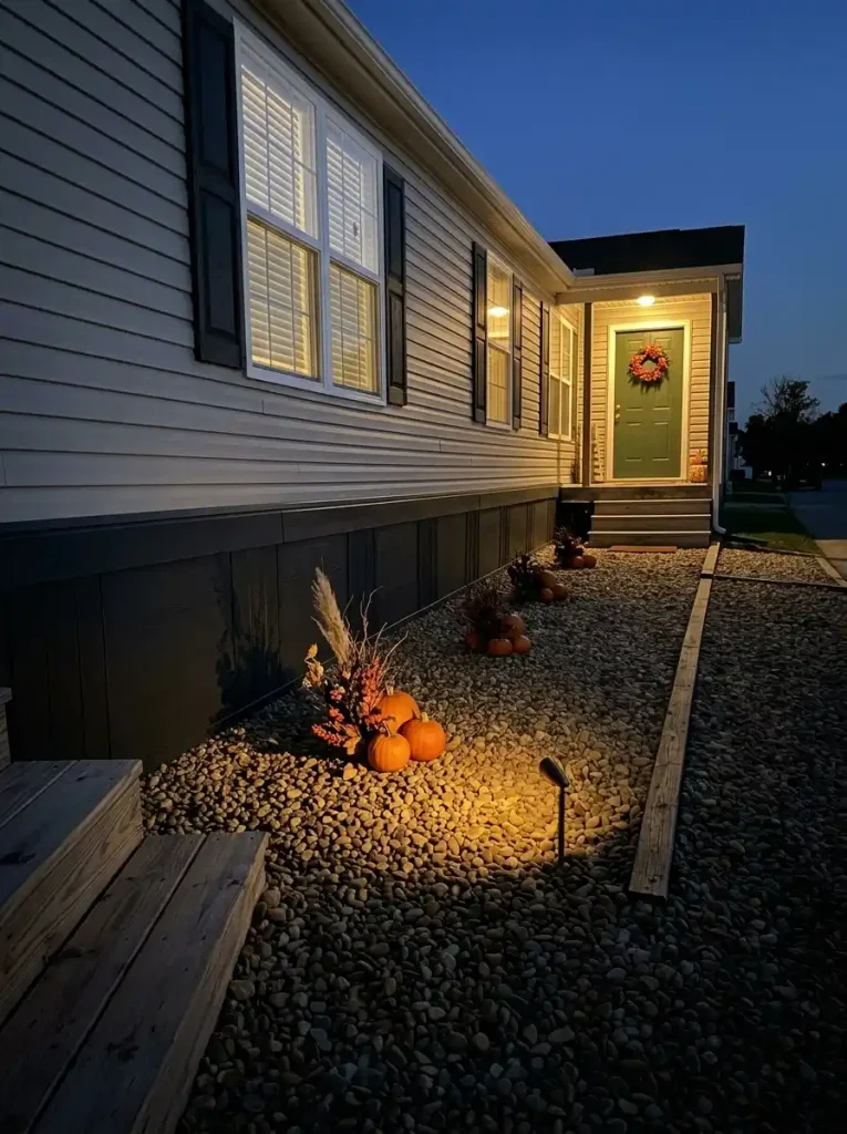 Manufactured home at night with one targeted warm light revealing the main Halloween porch display while secondary decorations remain quieter.