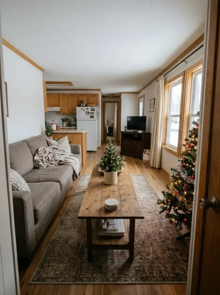 Miniature Christmas tree placed off-center on a coffee table with an open surface in a narrow mobile home living room.
