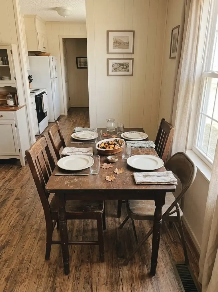 Shallow mobile home Thanksgiving table with one drinking glass per guest, simple white plates and folded napkins.