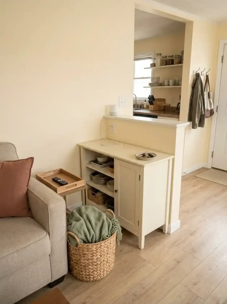 Mobile home living area with frequently used items stored in obvious, easy-access locations that require minimal steps to put away.