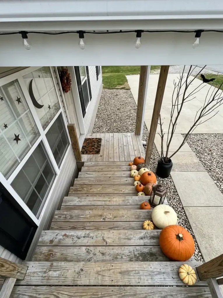 One-sided pumpkin and lantern arrangement on manufactured-home steps leaving a clear path from the porch to the walkway.