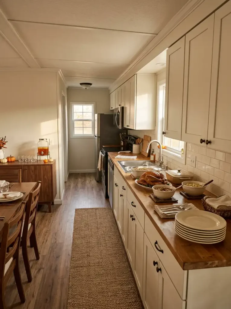 Elevated view of a one-wall mobile home kitchen showing buffet dishes and plates arranged along a clear serving route.