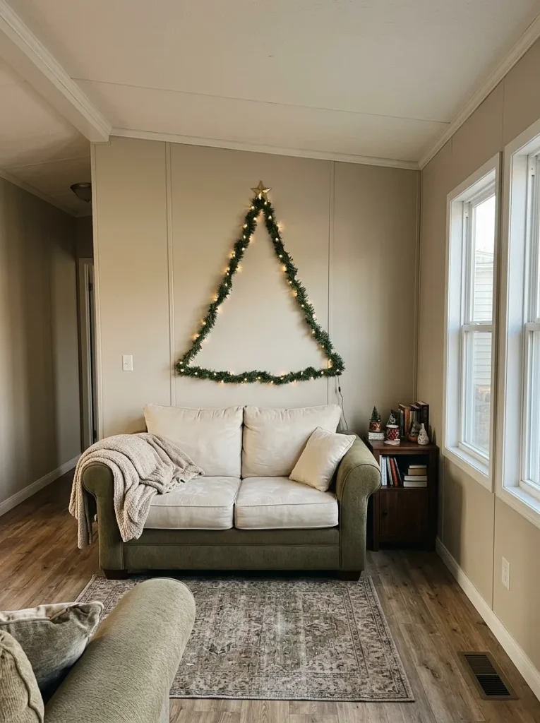 Open-center evergreen garland Christmas tree mounted above a green loveseat in a compact mobile home living room.