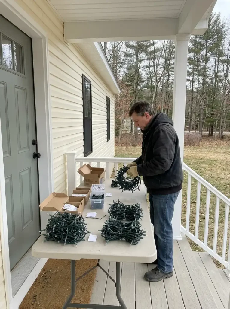 Warm-white outdoor Christmas light strings and mounting clips organized on a dry covered-porch worktable.