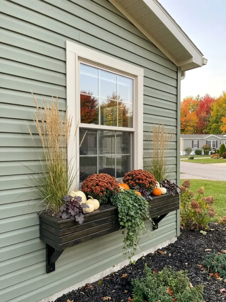 Ornamental grasses rise from both ends of a fall mobile-home window box to give a short window more visual height.