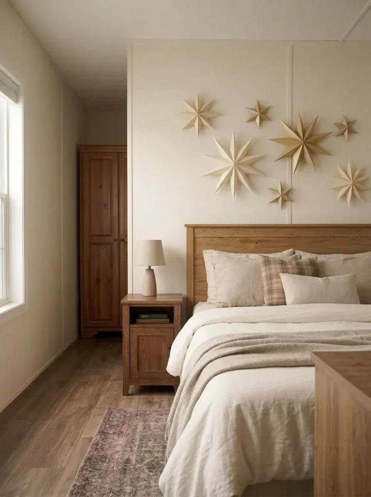 Flat cream and gold paper Christmas stars displayed above an oak headboard in a compact mobile-home bedroom.