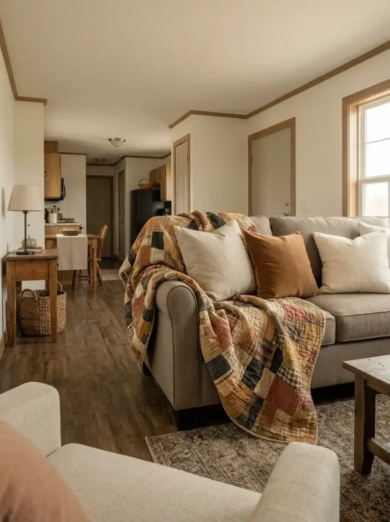 Faded patchwork quilt providing the main homespun pattern in a compact primitive-style mobile home living room.