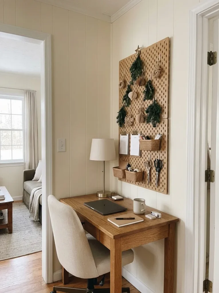 Wall-mounted wooden pegboard with lightweight Christmas decorations arranged in a tree shape above a mobile home desk.
