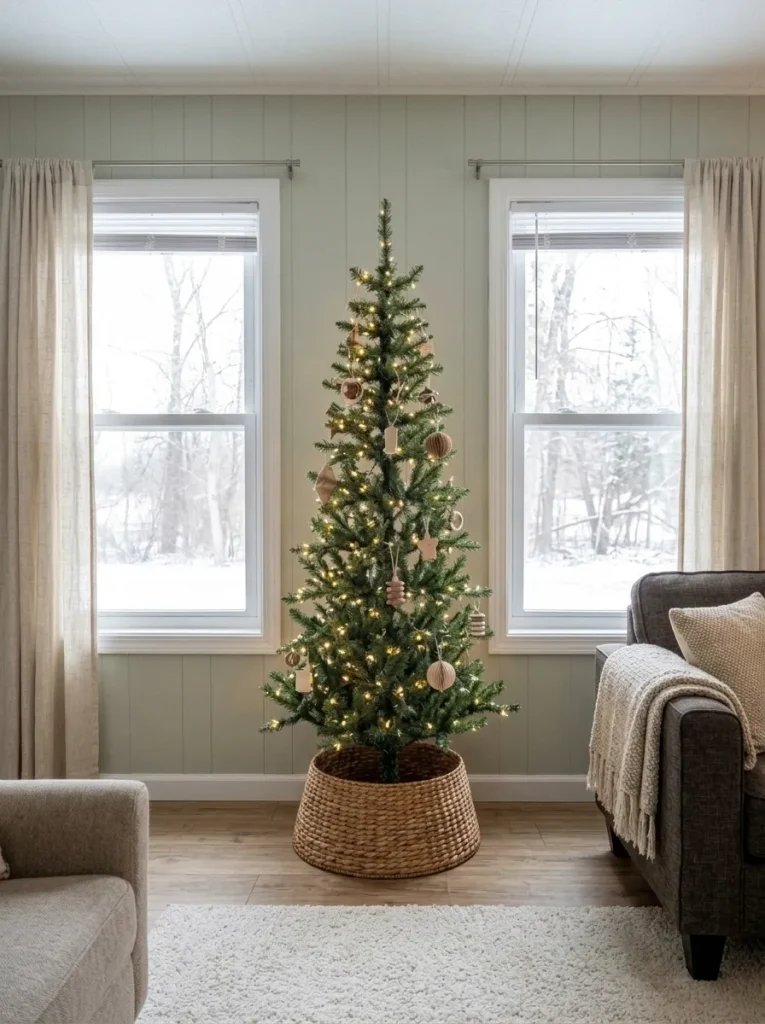 Tall slim Christmas tree positioned between two living room windows in a manufactured home.
