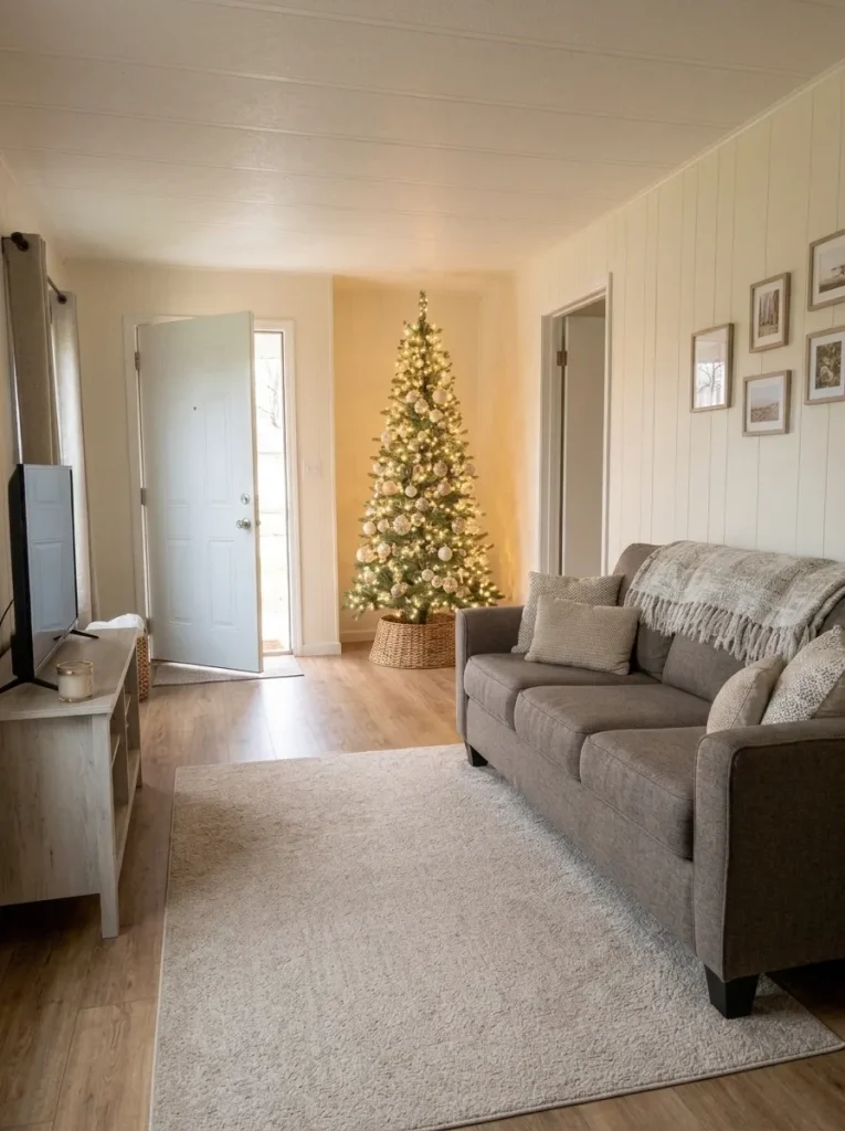 Narrow Christmas tree beside the unused end of an oatmeal sofa in a compact mobile-home living room.