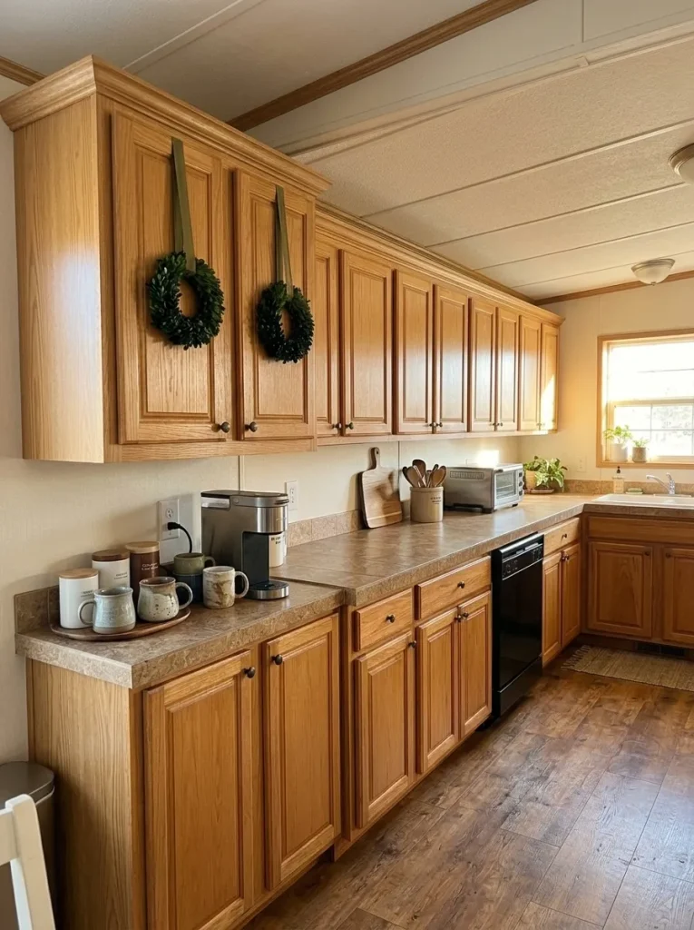 Two tiny Christmas wreaths centered separately on narrow double kitchen cabinet doors above a beverage station.