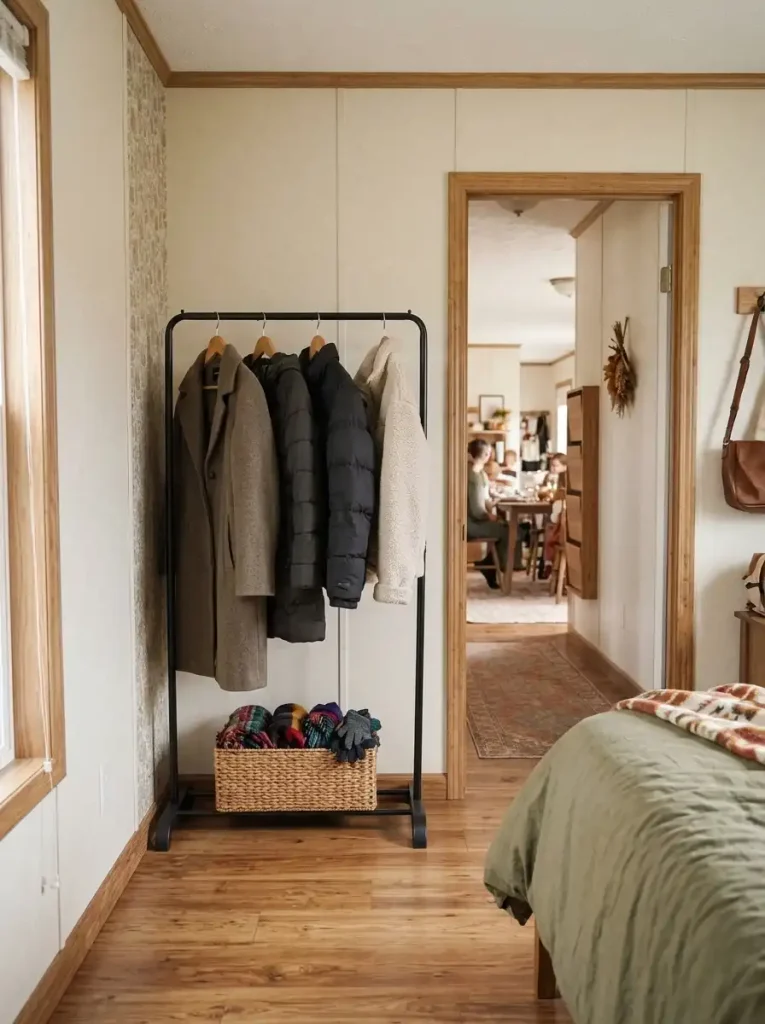 Portable garment rail with guest winter coats along a spare-room wall, leaving the interior doorway and walking route clear.