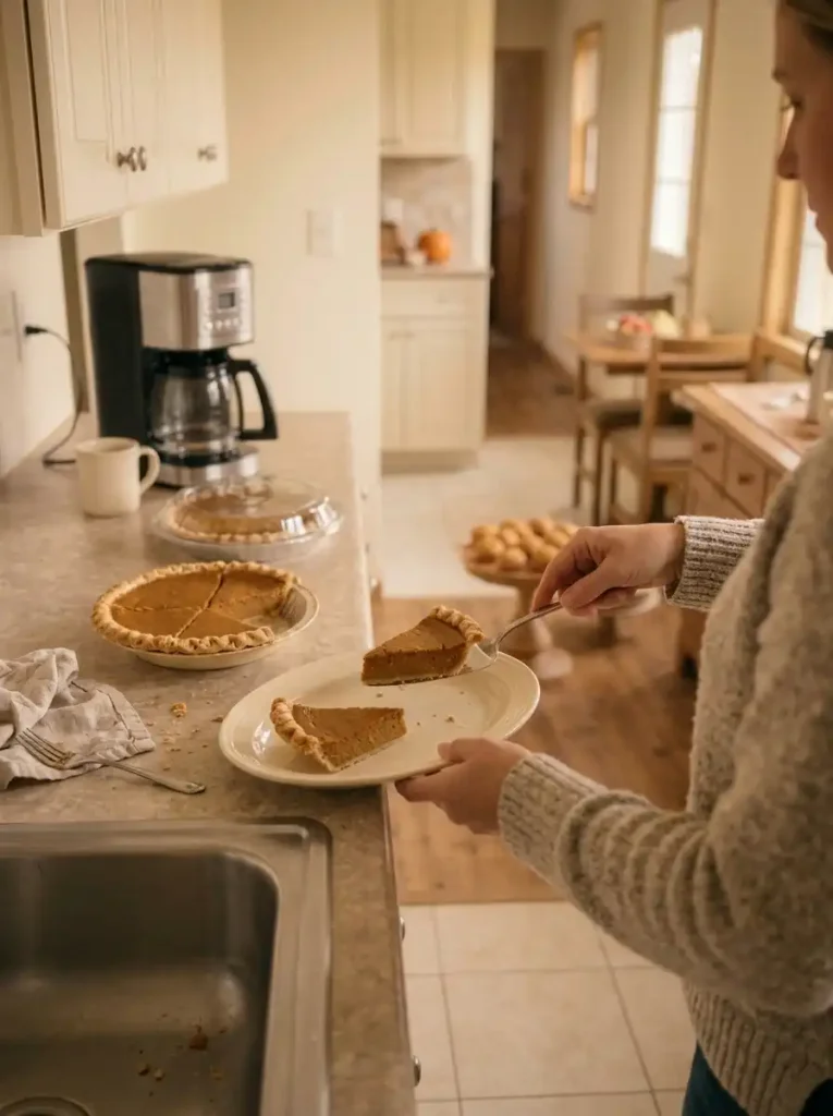 Hands transferring pre-cut pumpkin pie slices to a serving platter in a small mobile home kitchen.
