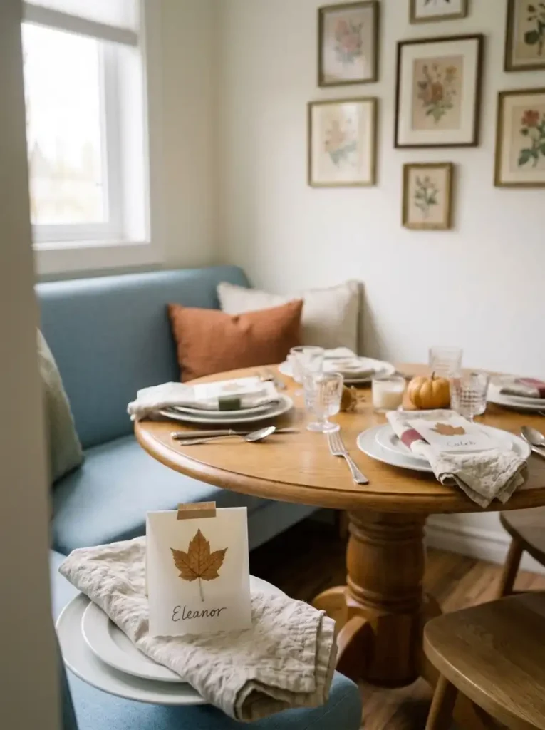 Translucent vellum place cards with pressed autumn leaves on a round dining table beside a bright window.