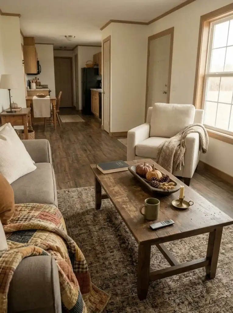 Low primitive fall centerpiece in a wooden trencher leaving a mobile home coffee table and seated sightline usable.